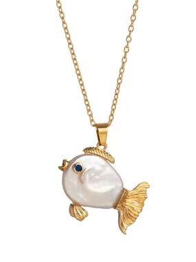 Anthropologie Gold Tone Pearl Fish Pendant Necklace - White & Gold